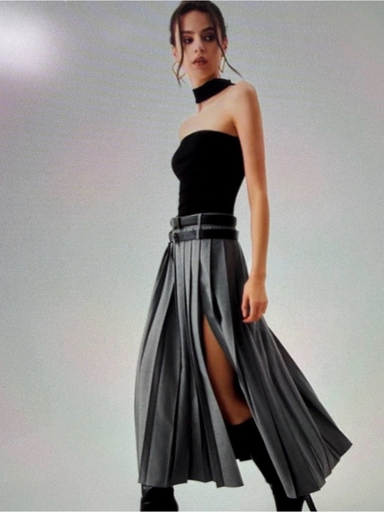 Commence Dresses & Skirts - Gray Pleated Midi Skirt with a High Slit